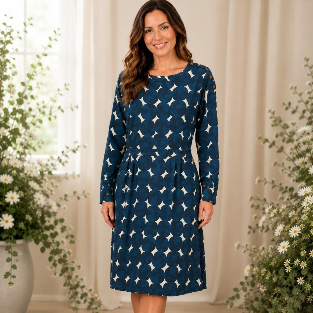 Chloé Stora Paris Natasha 443 Dress FR 44 US 12 Blue Geometric 100% Cotton